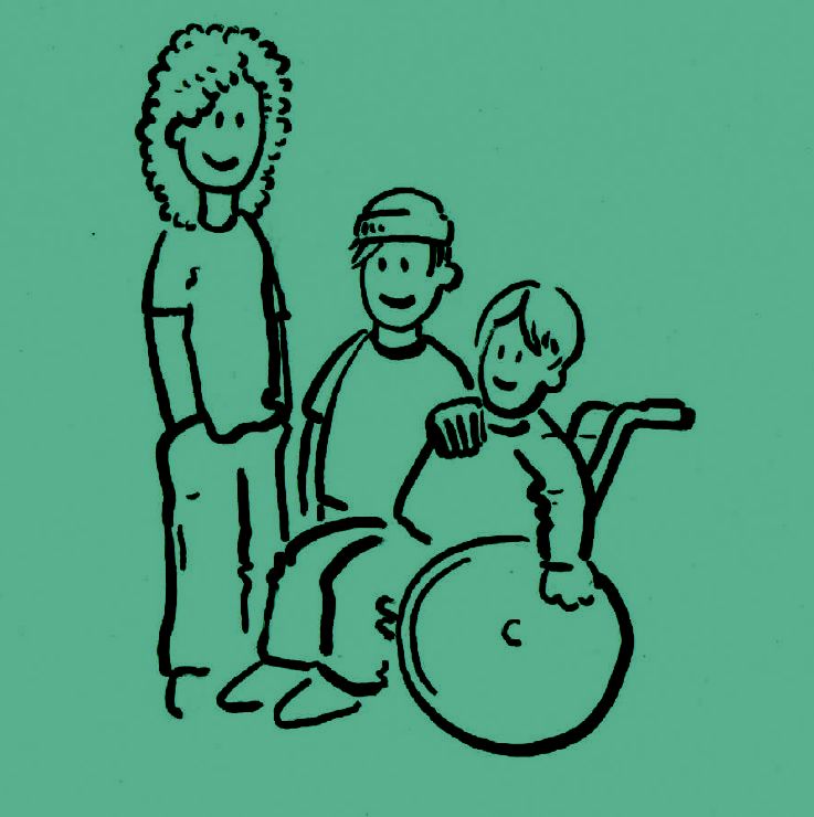 Hier sehen Sie drei Kinder auf grünem Hintergrund, eines davon sitzt im Rollstuhl