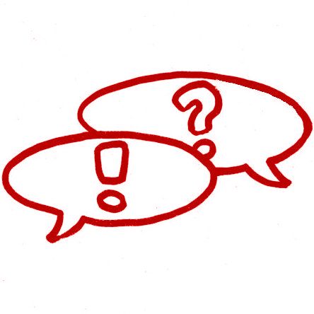Hier sehen Sie eine Zeichnung, die aus zwei Sprechblasen in rot auf weißem Hintergrund besteht Die linke Sprechblase beinhaltet ein Ausrufezeichen, die rechte ein Fragezeichen.