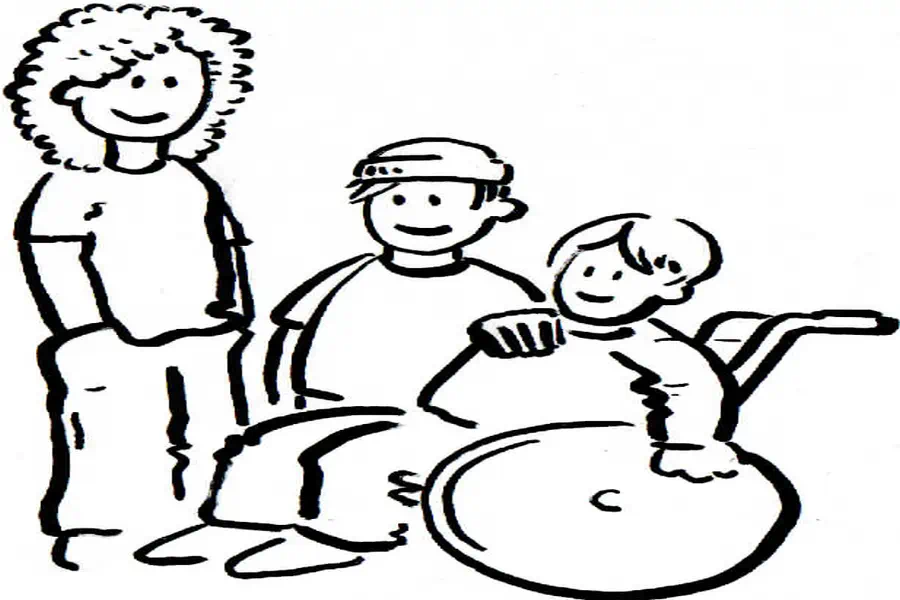 Hier sehen Sie drei Kinder auf grünem Hintergrund, eines davon sitzt im Rollstuhl